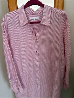 Foxcroft Red and White Striped Casual Button-Down Shirt